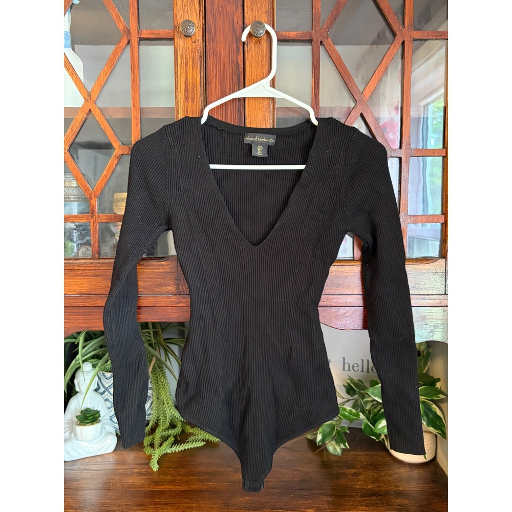 House of Harlow 1960 Womens Black Ribbed‎ Long Sleeve V-Neck Bodysuit Small